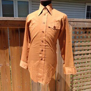 Vintage 70s Brown Shirt Button Tall Butterfly Collar Fitted Small Disco
